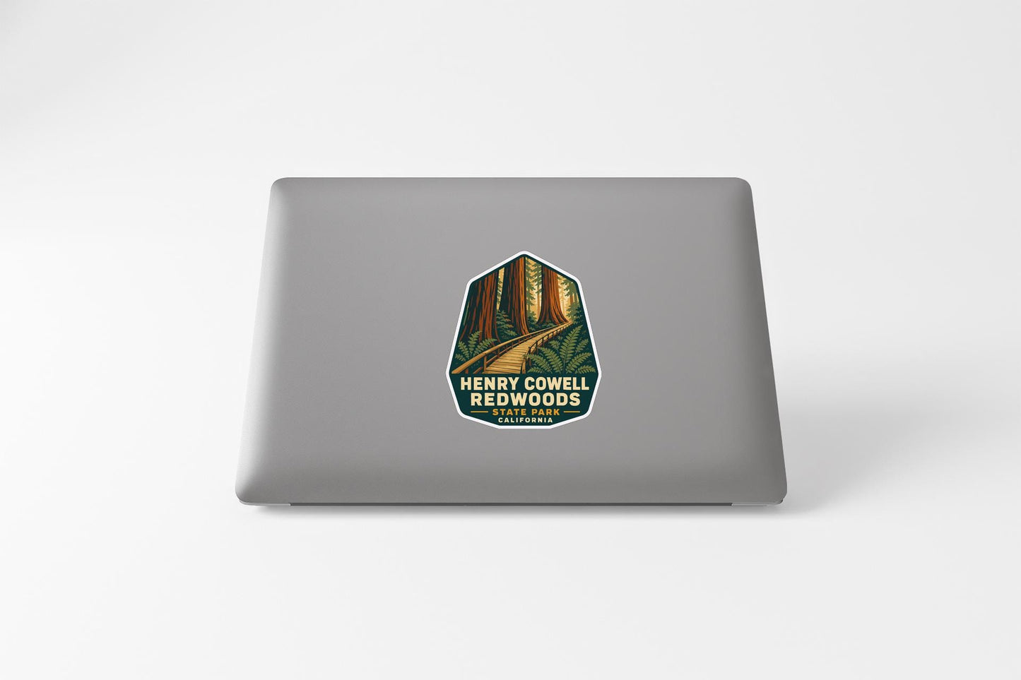 A sticker on the back of a laptop, depicting a forest scene with tall trees and a winding path.