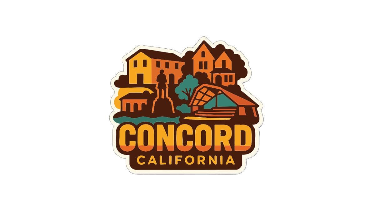 a sticker or logo with a stylized depiction of a cityscape, including buildings, a bridge, and a monument, along with the text "CONCORD, CALIFORNIA".