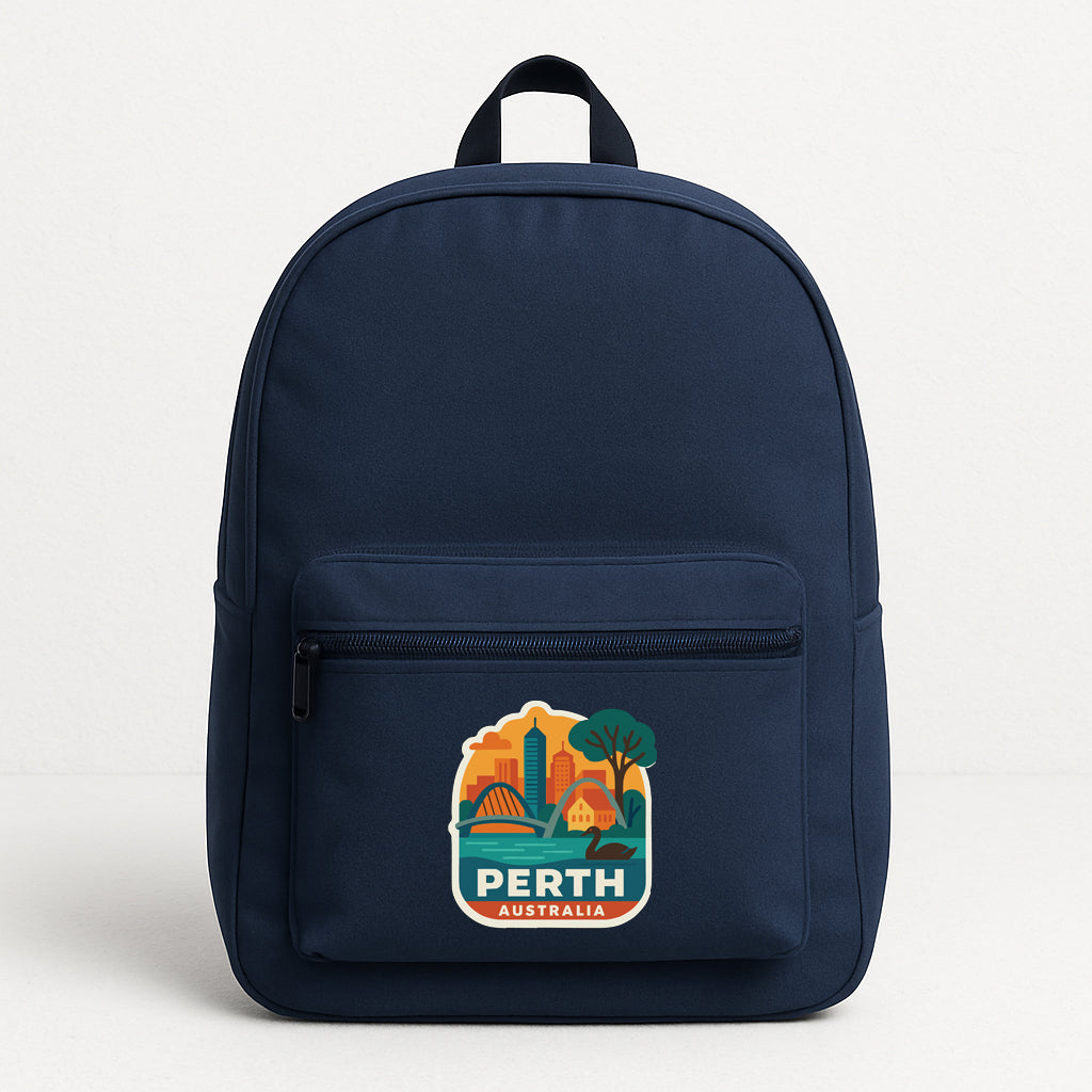 A navy blue backpack with a graphic of a city and the text "PERTH AUSTRALIA" printed on it.
