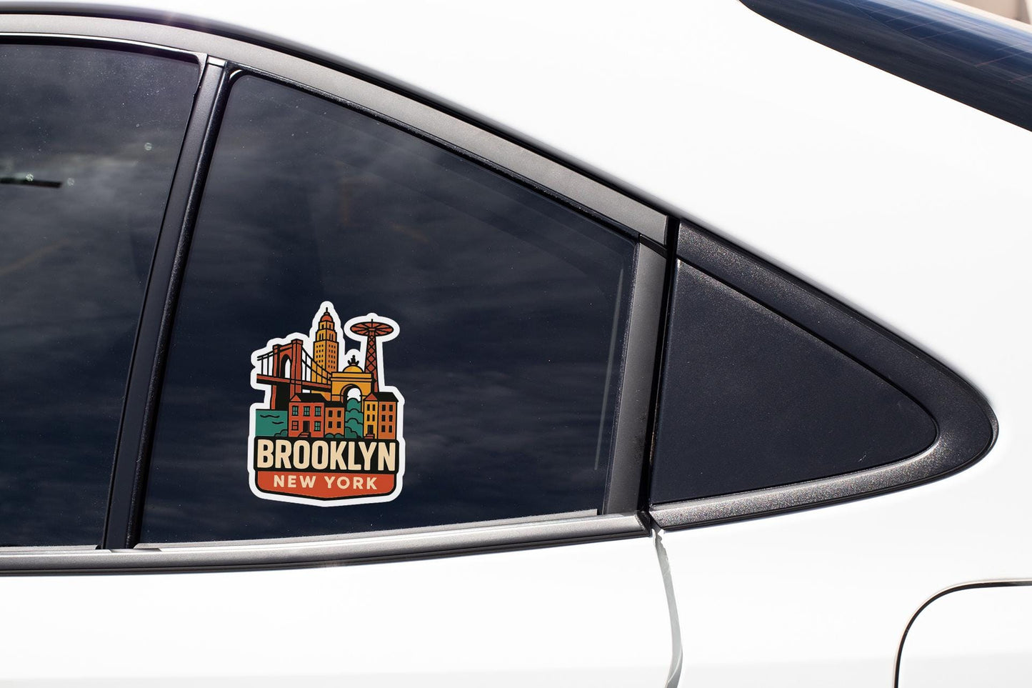 A sticker on the side of a car window that says "BROOKLYN NEW YORK".