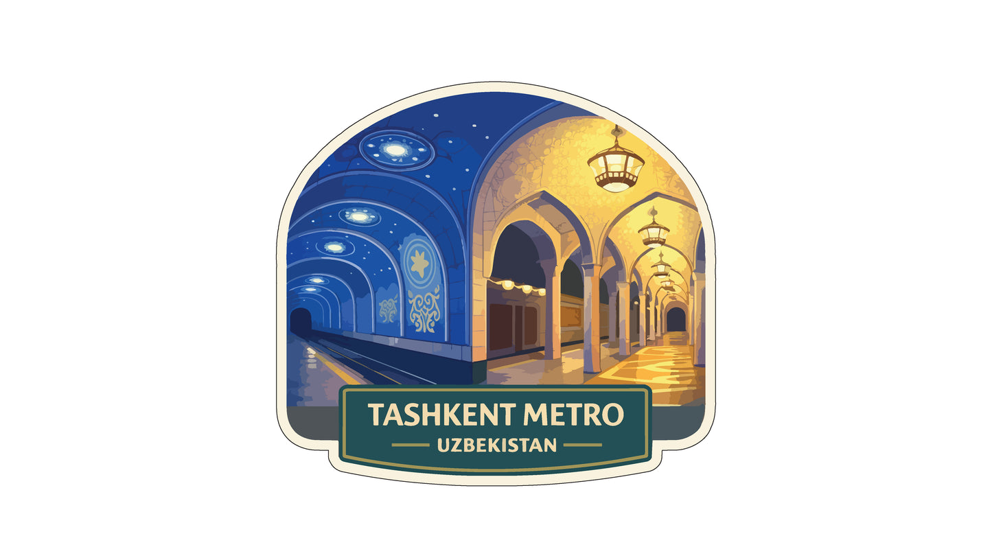 a subway station in Tashkent, Uzbekistan, with arched ceilings, columns, and lights.