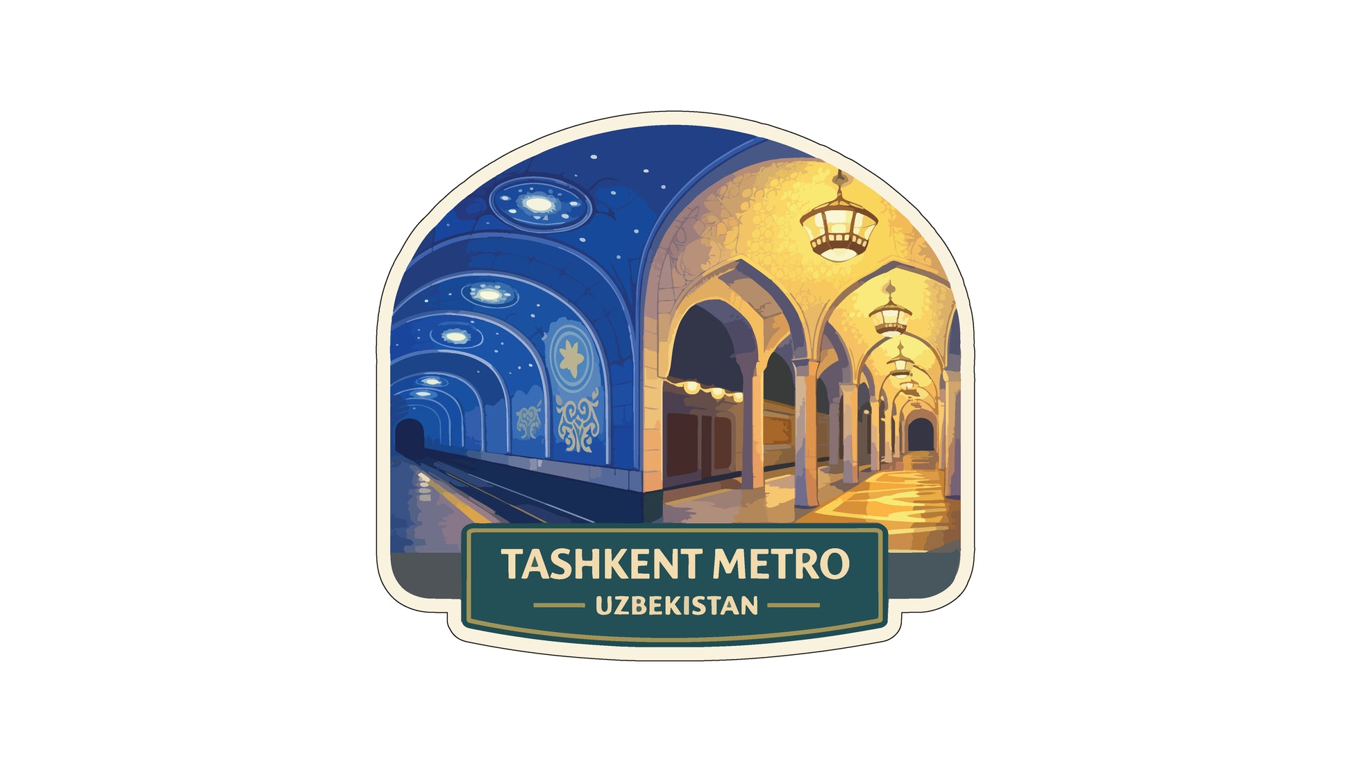 a subway station in Tashkent, Uzbekistan, with arched ceilings, columns, and lights.