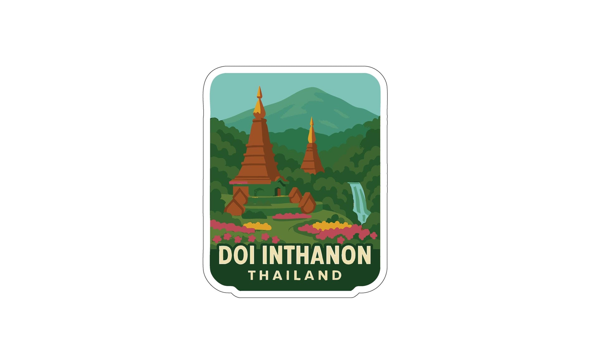 a sticker or label with a stylized illustration of a temple surrounded by mountains, flowers, and a waterfall. The text "DOI INTHANON THAILAND" is prominently displayed, indicating the location or country of the depicted place.