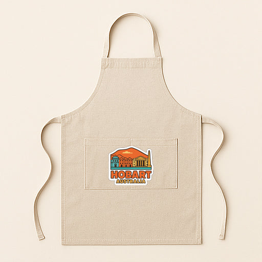 A beige apricot with a graphic of Hobart, Australia on it.
