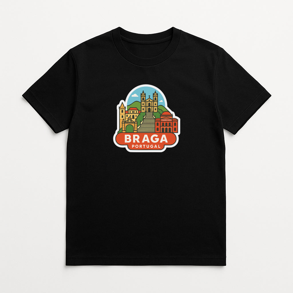 A black t-shirt with a graphic design depicting the city of Braga, Portugal.