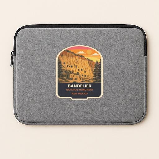 A gray laptop sleeve with a graphic design depicting the Bandelier National Monument in New Mexico.