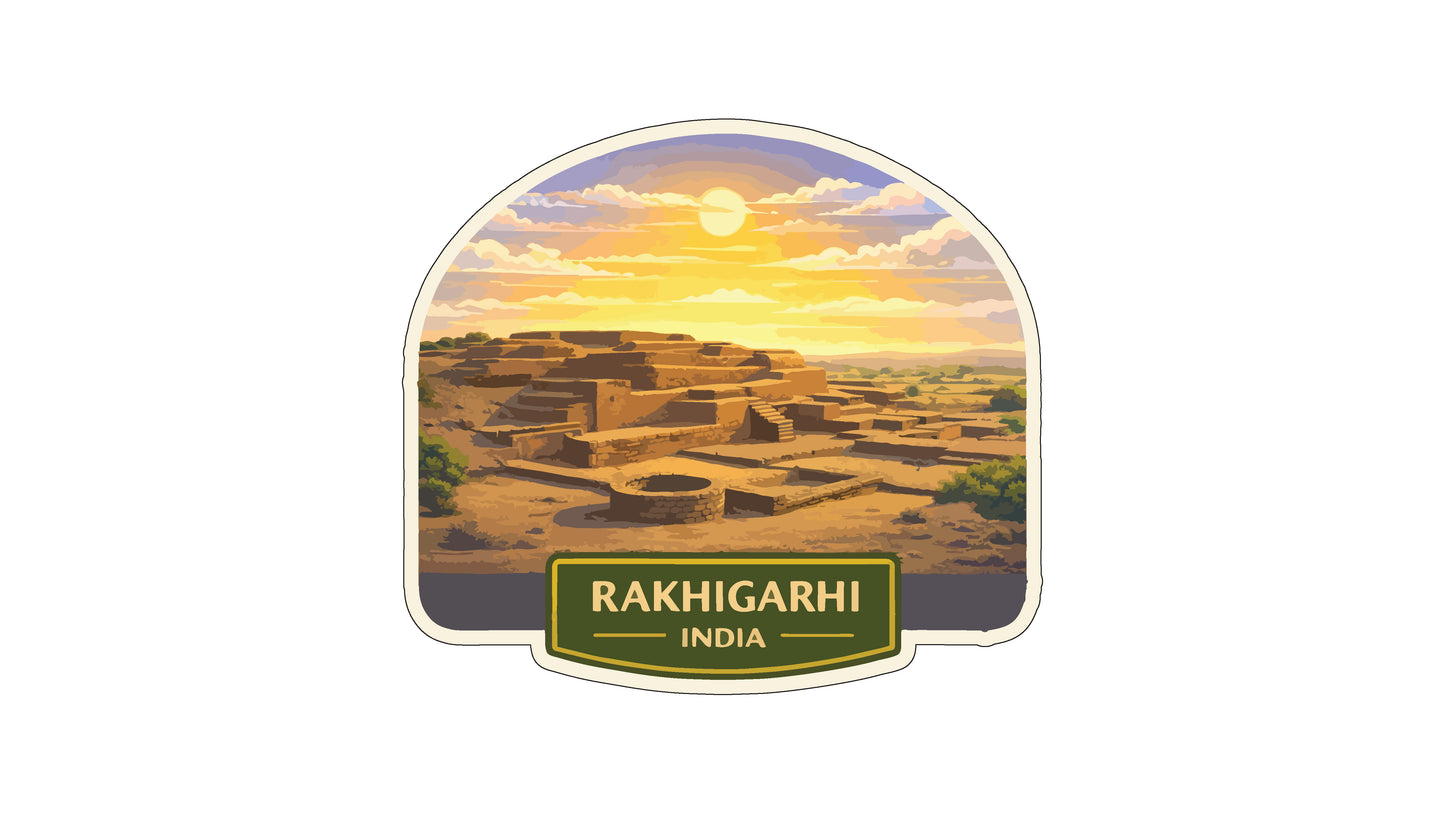 a desert landscape with a large hill or mountain in the background, and the sun is setting behind it, creating a warm, golden glow. The text "RAKHIGARHI INDIA" is displayed below the image.