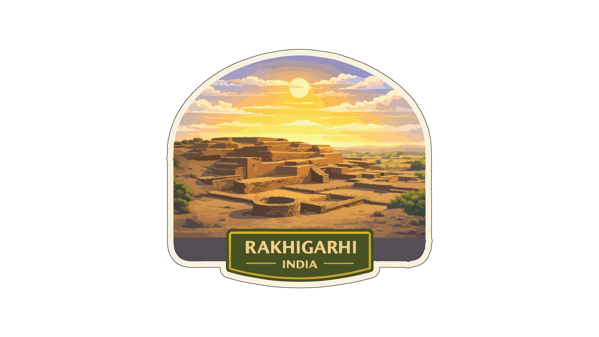 a desert landscape with a large hill or mountain in the background, and the sun is setting behind it, creating a warm, golden glow. The text "RAKHIGARHI INDIA" is displayed below the image.