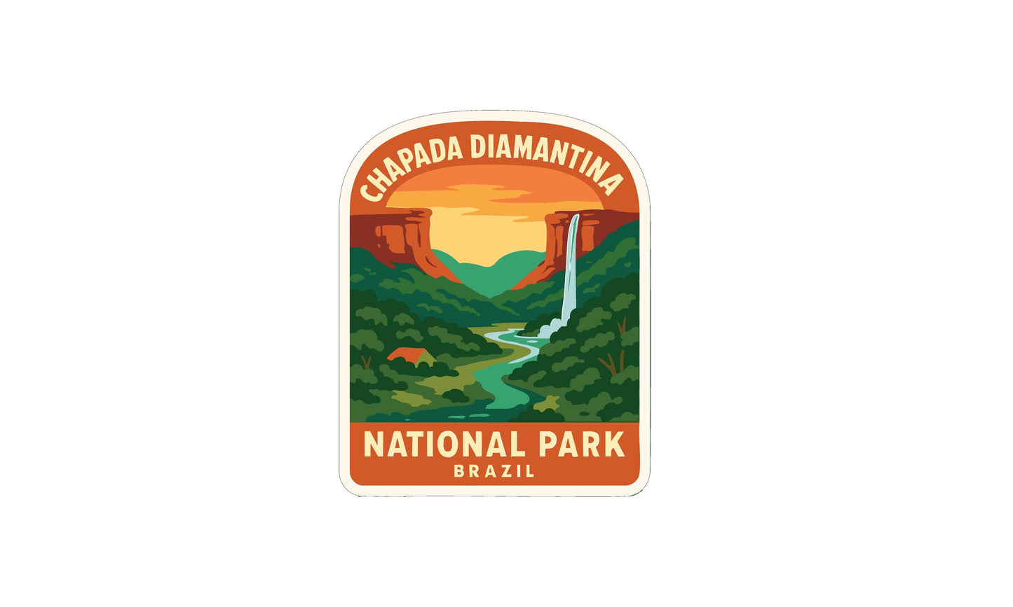 The image is a sticker or label for Chapada Diamantina National Park in Brazil, featuring a scenic landscape with a waterfall and mountains.
