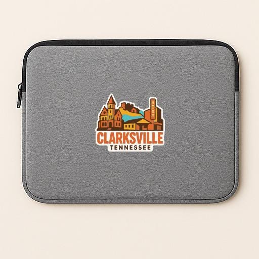 A gray laptop sleeve with a logo for "Clarksville, Tennessee" printed on it.