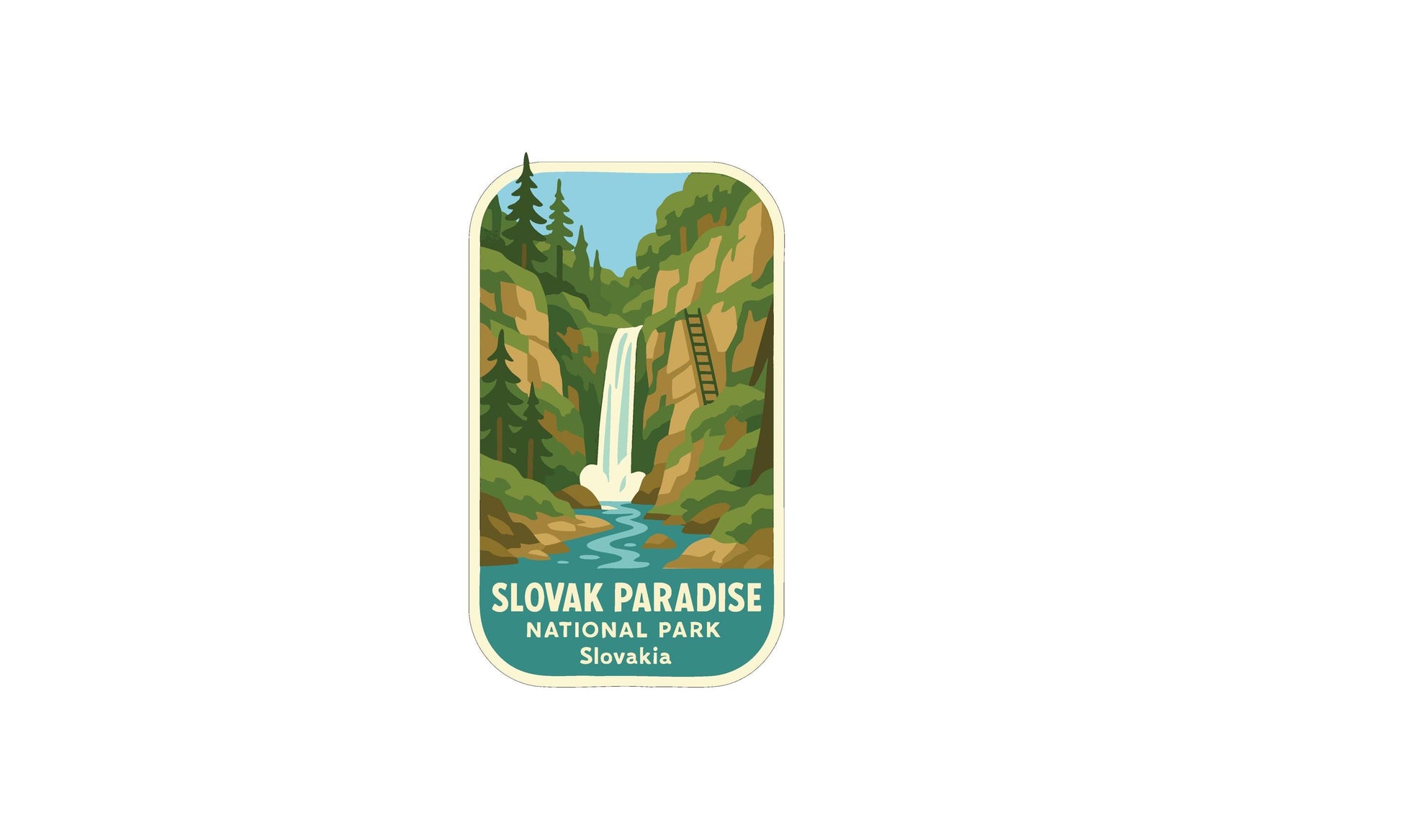 a sticker or label with a waterfall and forest scenery, representing the "Slovak Paradise National Park" in Slovakia.