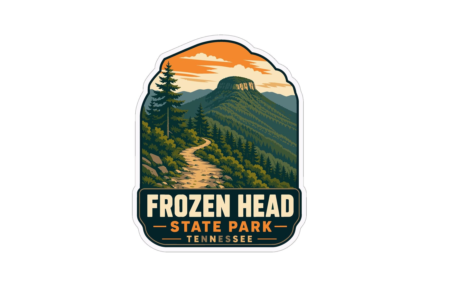 A sticker or label featuring a scenic mountain landscape with a trail leading through it, surrounded by pine trees and mountains.