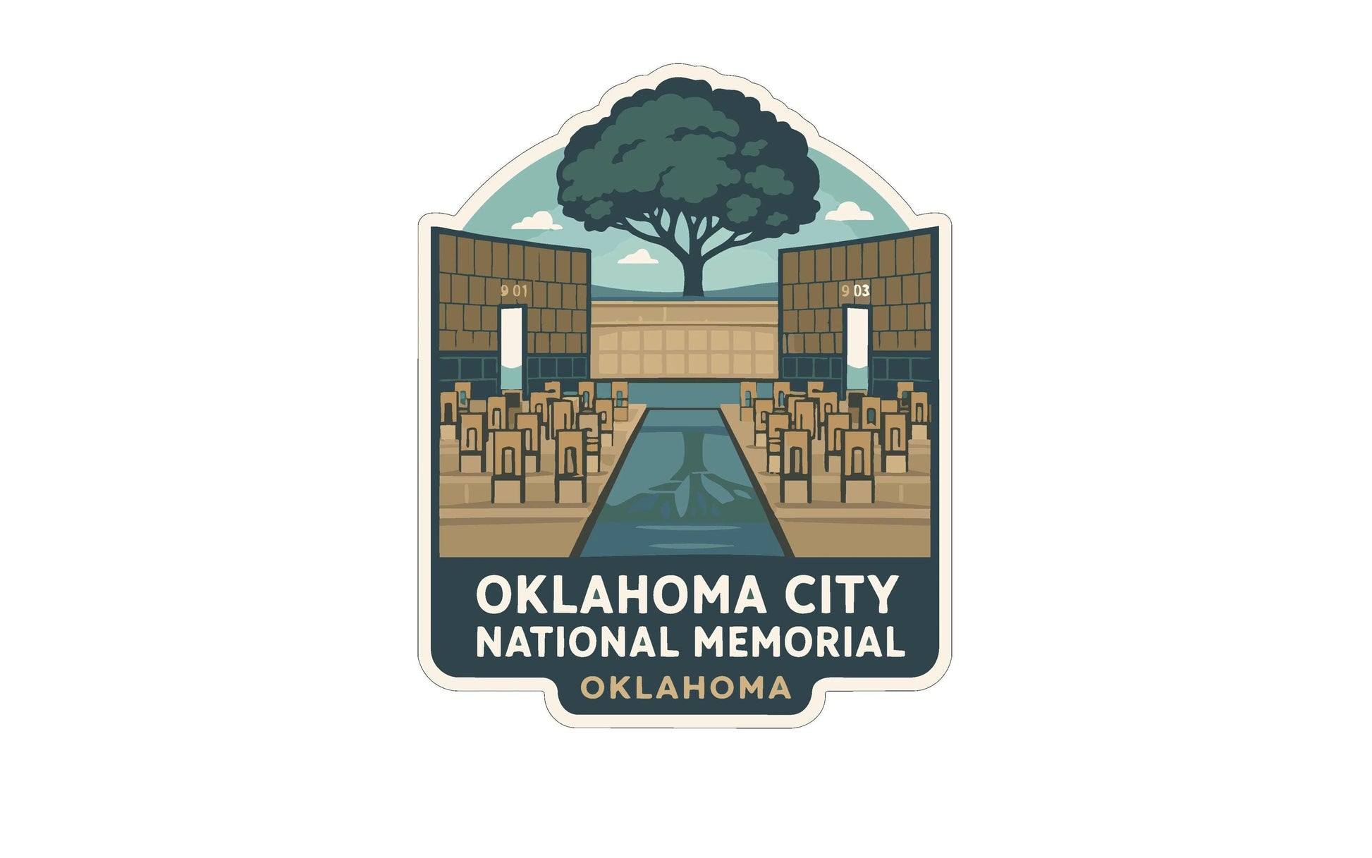 The image is a logo for the Oklahoma City National Memorial, featuring a stylized illustration of a memorial with a tree and a river.