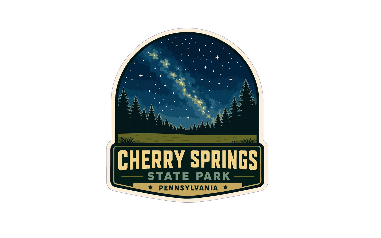 A sticker or emblem featuring a night sky with stars and silhouettes of pine trees, with the text "CHERRY SPRINGS STATE PARK PENNSYLVANIA" prominently displayed.