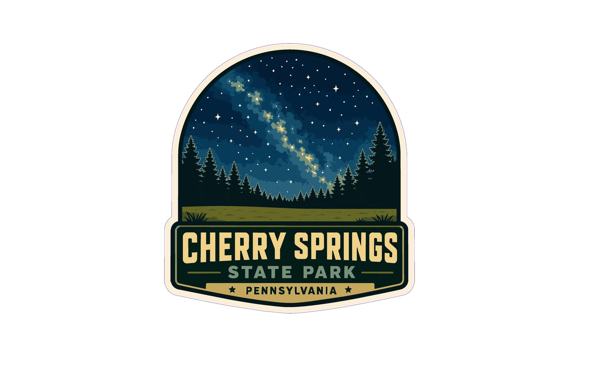 A sticker or emblem featuring a night sky with stars and silhouettes of pine trees, with the text "CHERRY SPRINGS STATE PARK PENNSYLVANIA" prominently displayed.