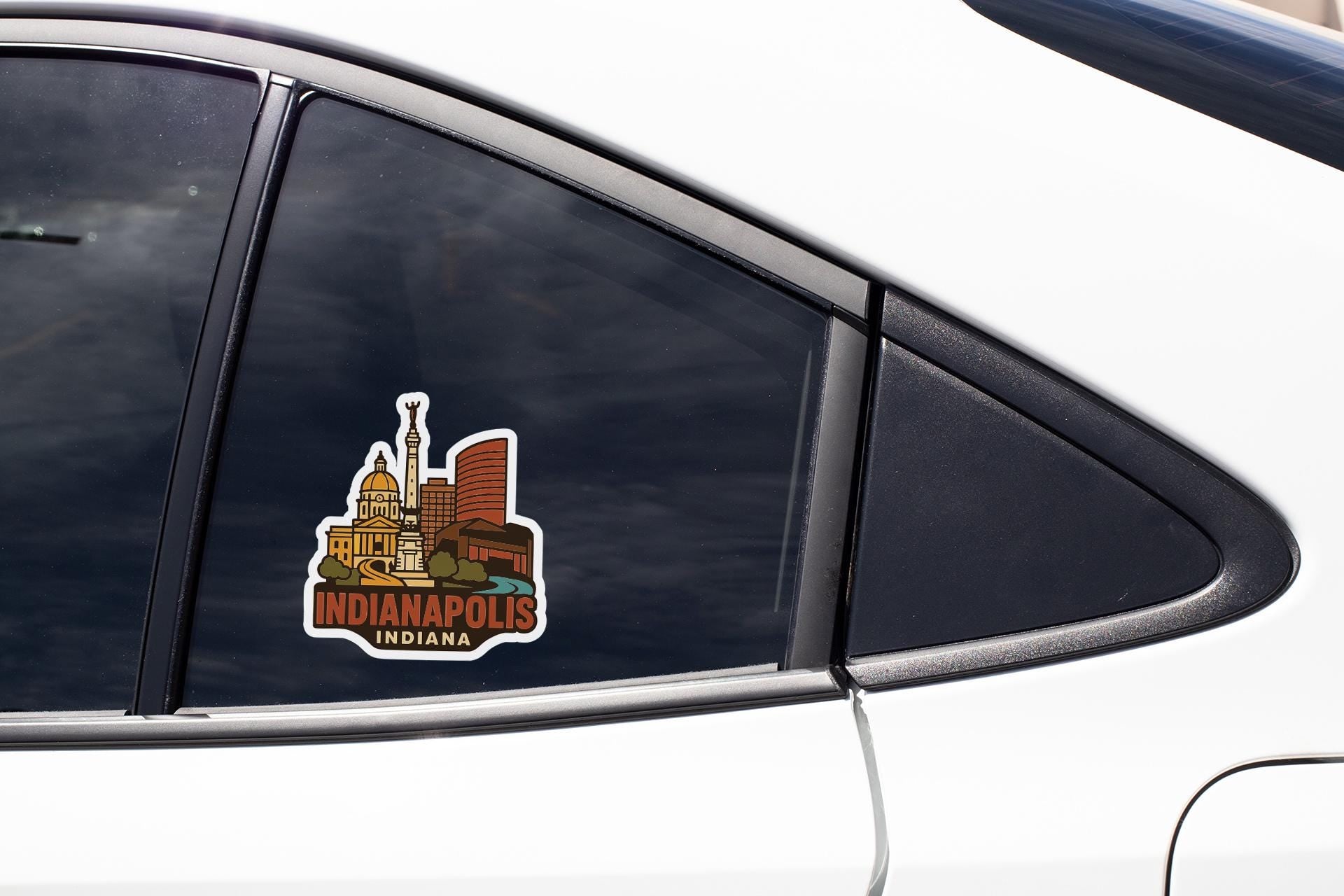 A sticker on the side of a car window, depicting the skyline of Indianapolis, Indiana.