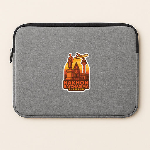 A gray laptop sleeve with a sticker depicting a city skyline and a statue.