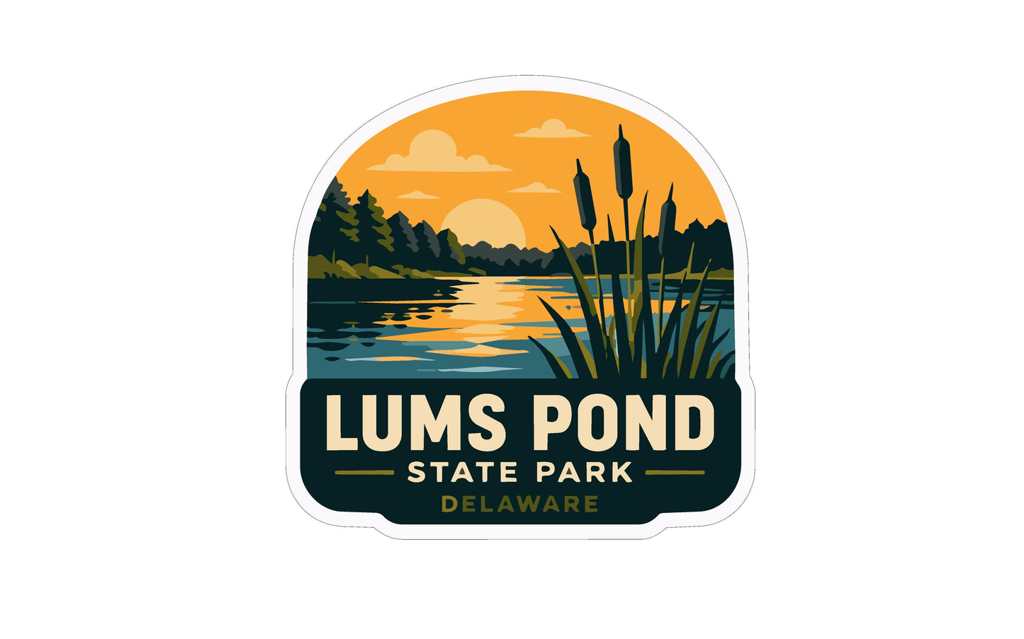 a sticker or logo for Lums Pond State Park in Delaware. The design includes a sunset over a lake, reeds, and a silhouette of a person.