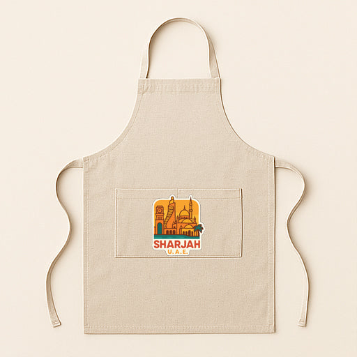 A beige apricot with a graphic of a city skyline and the text "SHARjah OAE" printed on it.