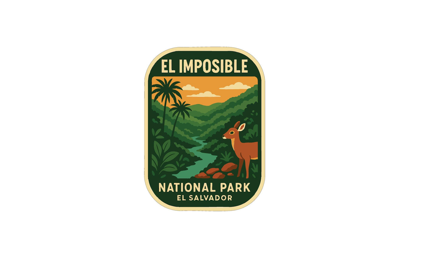 a logo for National Park El Salvador, depicting a deer in a forest setting with palm trees and a river.