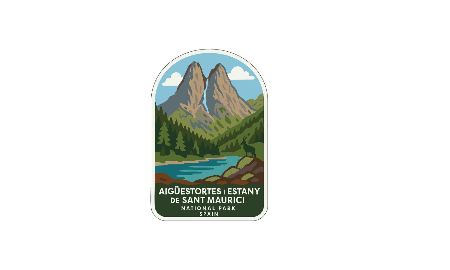 a sticker or emblem with a mountain landscape and a lake, representing the Aiguestortes, Estany de Sant Maurici National Park in Spain.