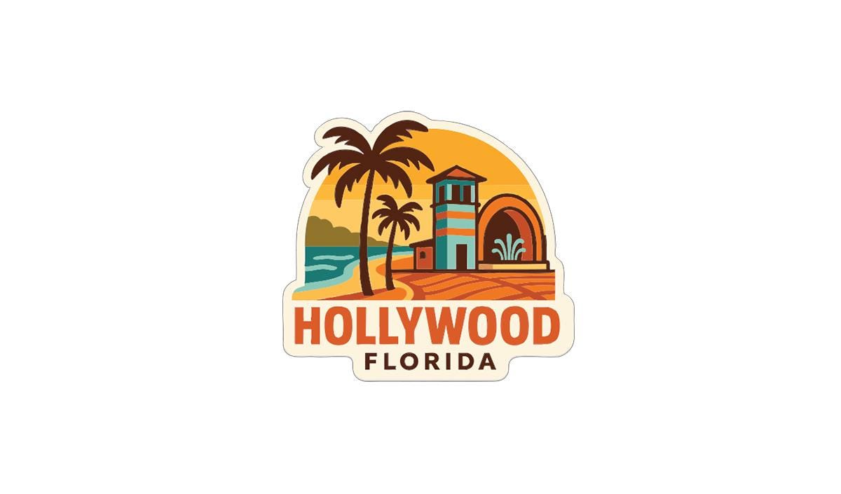 A sticker or logo depicting a tropical beach scene with palm trees, a building, and a sunset in the background, along with the text "HOLLYWOOD FLORIDA".