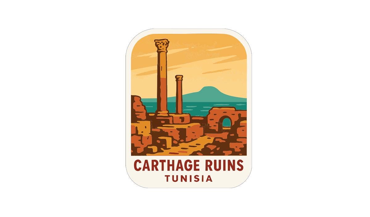 the ancient ruins of Carthage, Tunisia, featuring two tall columns against a backdrop of a mountainous landscape.