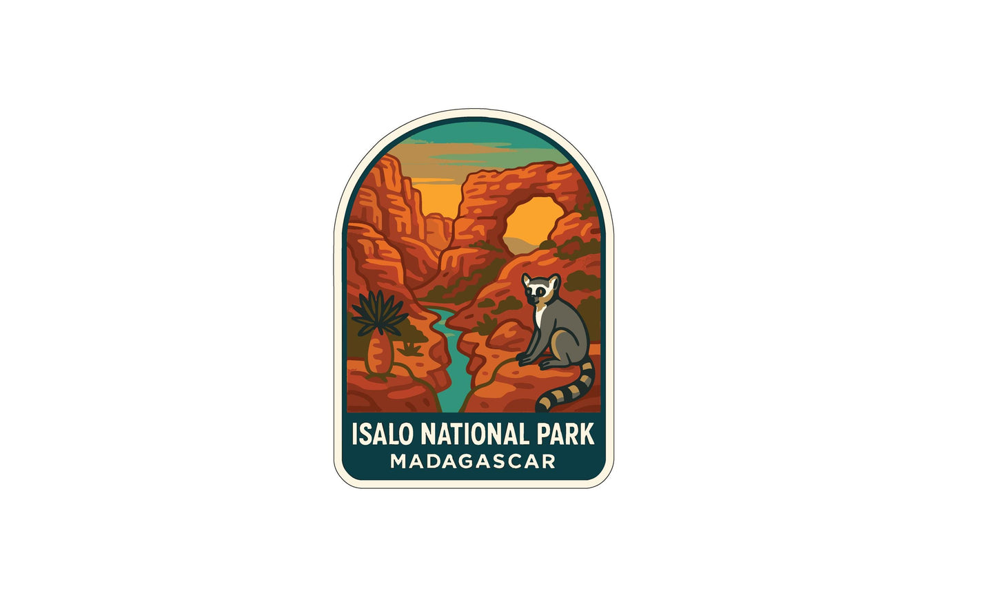 a sticker or emblem for the Isalo National Park in Madagascar, depicting a lemur and a desert landscape with mountains in the background.
