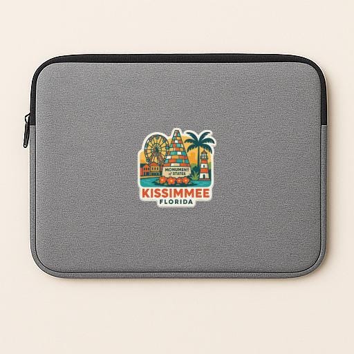 A gray laptop sleeve with a colorful sticker depicting Kissimmee, Florida.