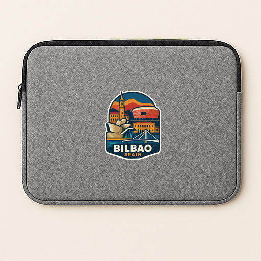 A gray laptop sleeve with a graphic design depicting the city of Bilbao, Spain.