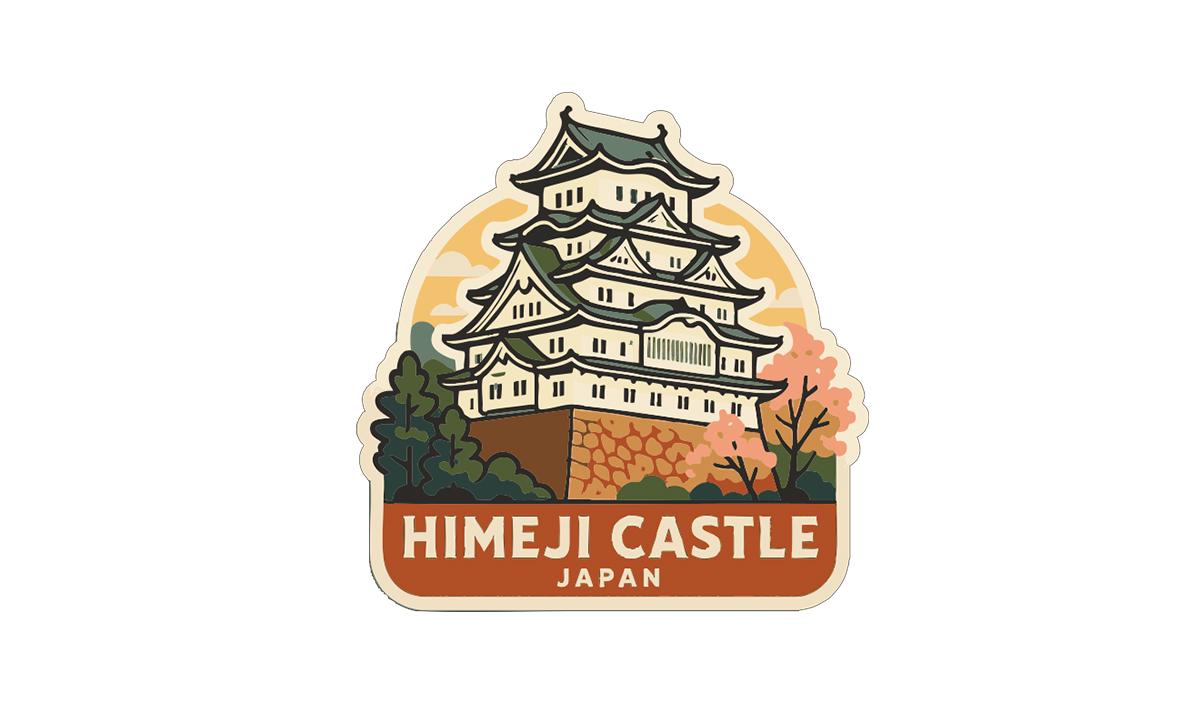 A sticker depicting the Himeji Castle in Japan, featuring a stylized illustration of the castle surrounded by trees and foliage.