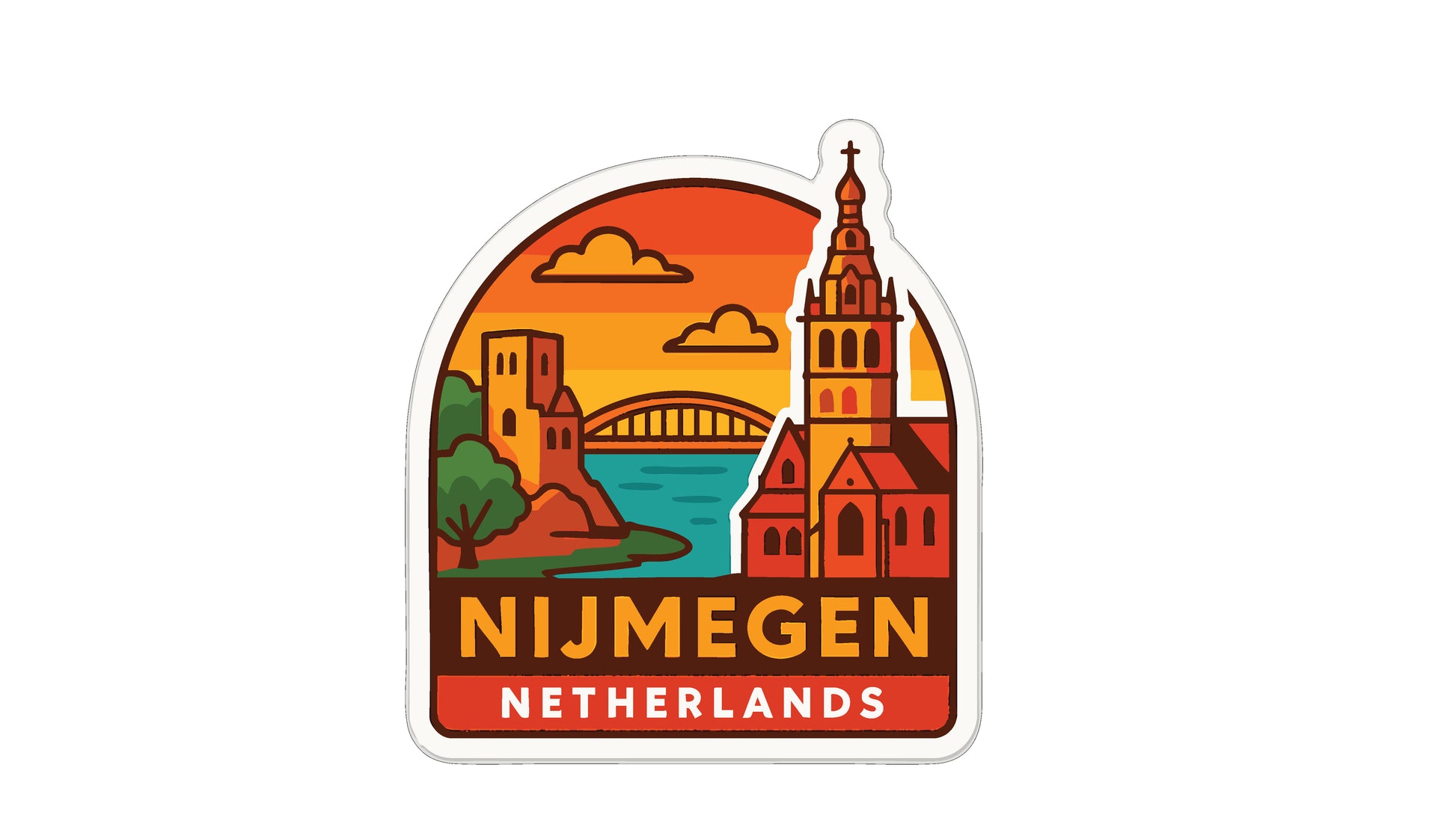 a sticker or logo depicting a cityscape with a church, a bridge, and a sunset. The text "Nijmegen Netherlands" is prominently displayed, indicating the location or country of the image.