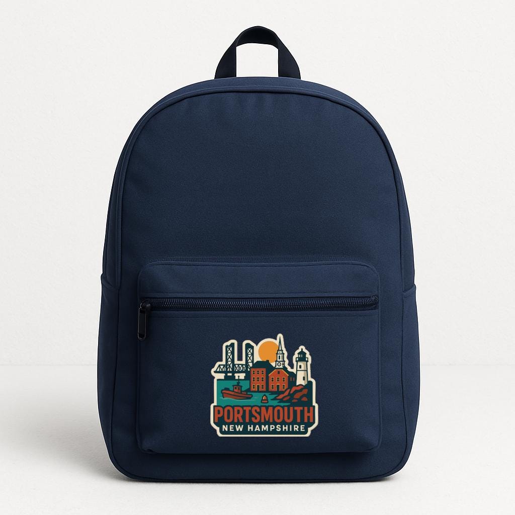 A navy blue backpack with a graphic of a city skyline and the text "PORTSMOUTH NEW HAMPSHIRE" printed on it.