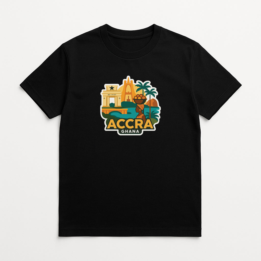 A black t-shirt with a graphic design featuring various landmarks and symbols associated with Accra, Ghana.