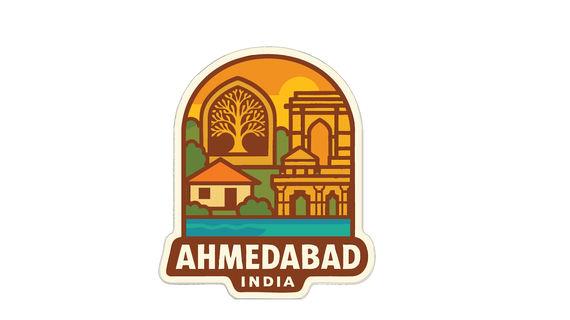 The image is a sticker or emblem featuring the city of Ahmedabad, India.