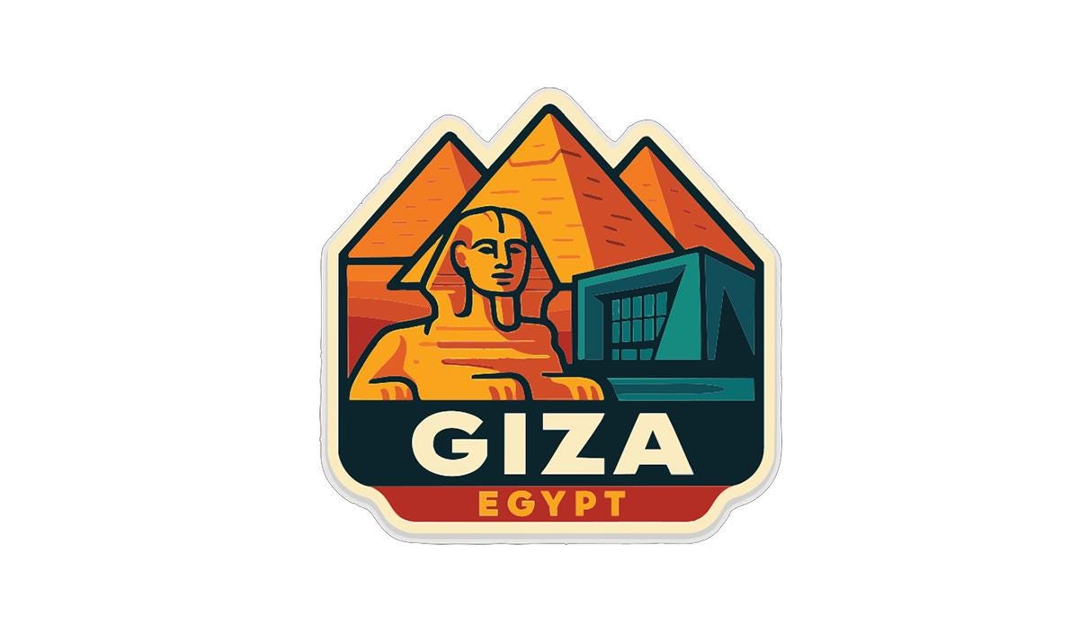 a stylized illustration of the Great Sphinx of Giza, Egypt, with a modern building or structure in the background.