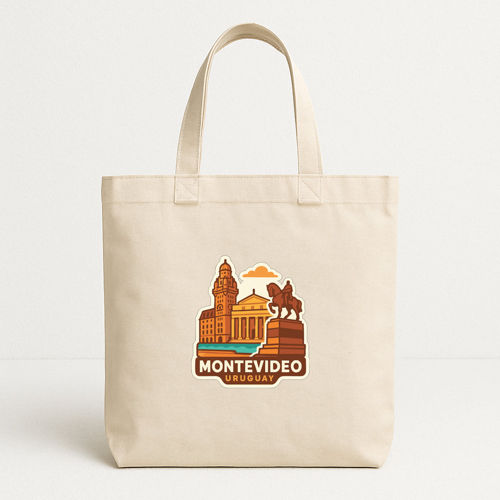 A beige tote bag with a printed design featuring the city of Montevideo, Uruguay.