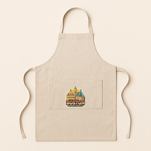 A beige apricot with a graphic of a city skyline on the front pocket.