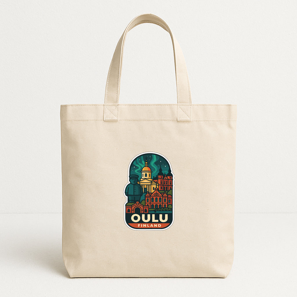 A beige tote bag with a graphic design depicting a city skyline and the text "OULU FINLAND" printed on it.