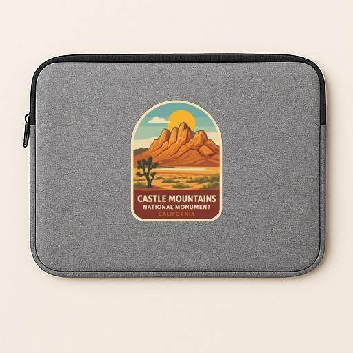 A gray laptop sleeve with a vintage-style label that reads "CASTLE MOUNTAINS NATIONAL MONUMENT CALIFORNIA".