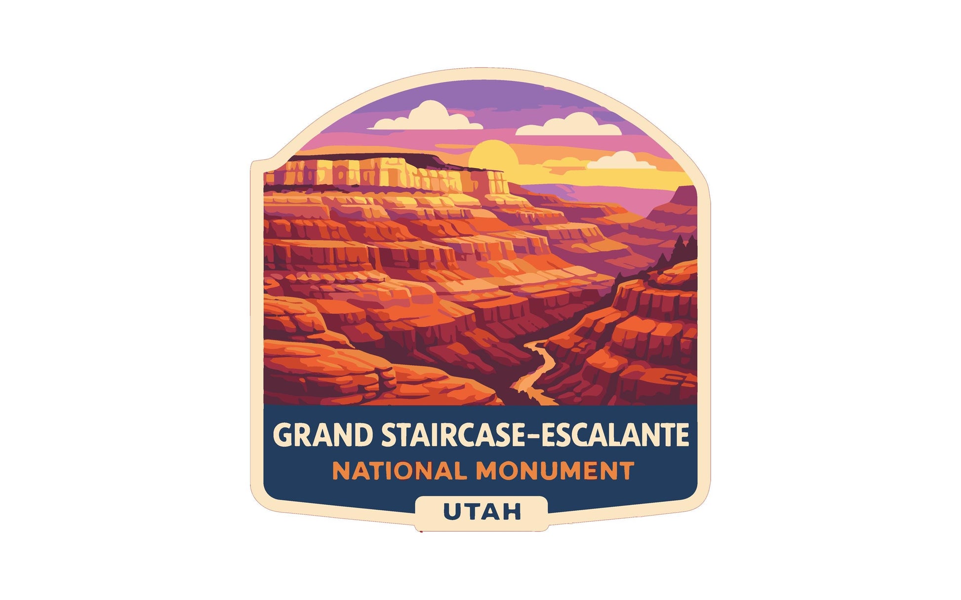 a vibrant illustration of the Grand Staircase-Escalante National Monument in Utah, showcasing the iconic rock formations and a winding path that lead up to the monument.