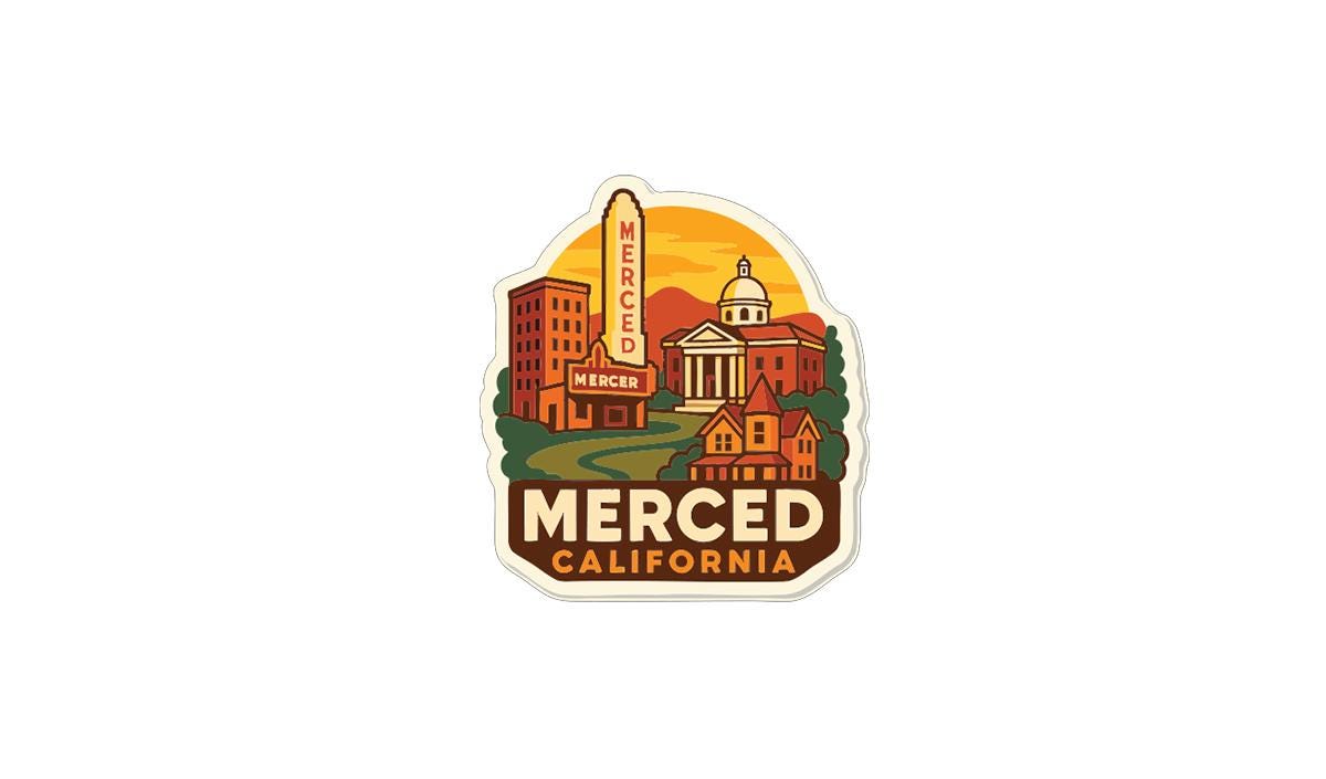 A sticker or emblem featuring the city of Merced, California, with various landmarks and buildings depicted in a stylized illustration.