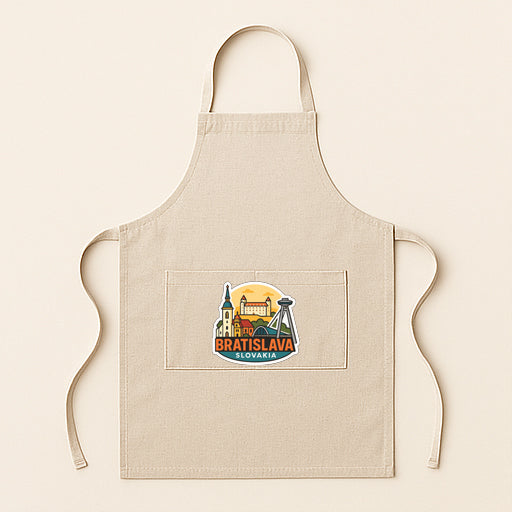 A beige apricot with a graphic of Bratislava, the capital city of Slovakia, printed on it.