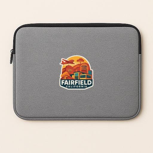 A gray laptop sleeve with a logo of Fairfield, California.