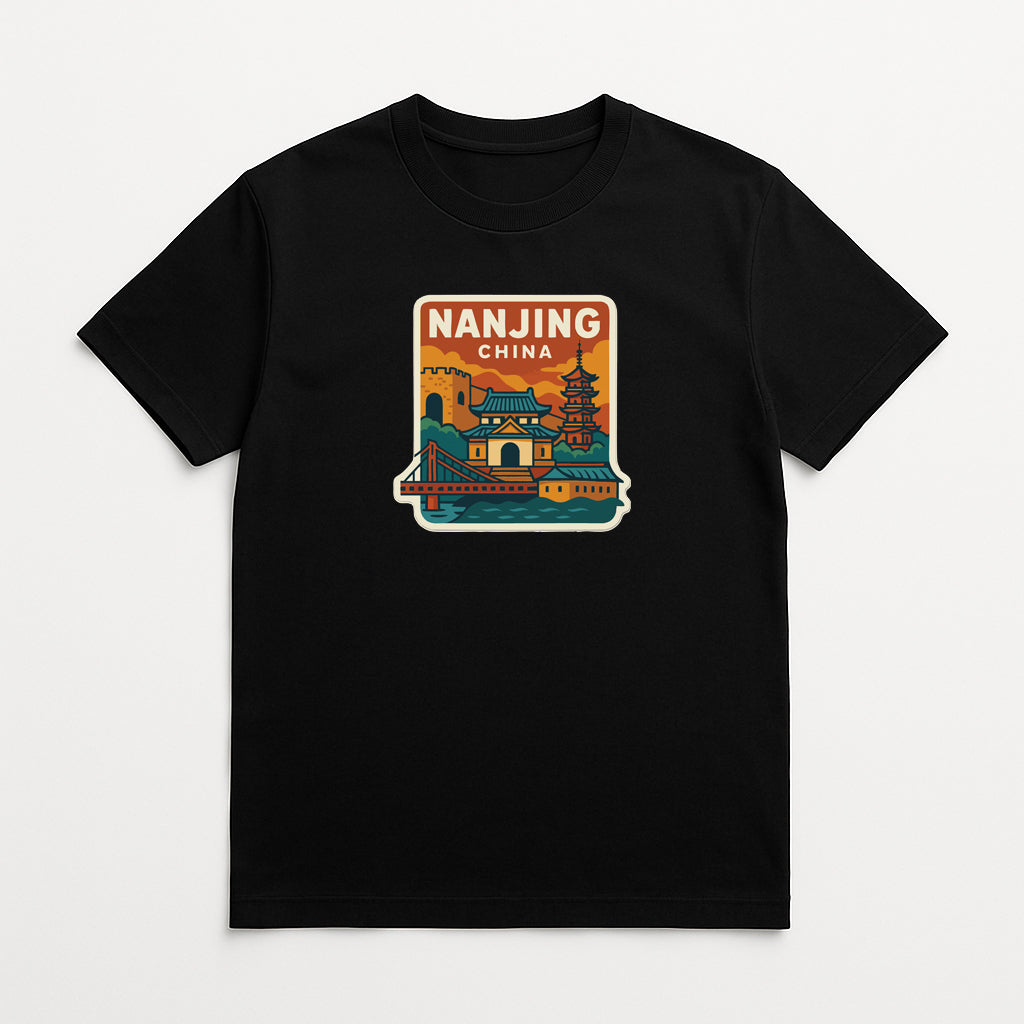 A black t-shirt with a colorful graphic depicting a temple and pagoda in the center, along with the text "NANJING CHINA" printed on it.