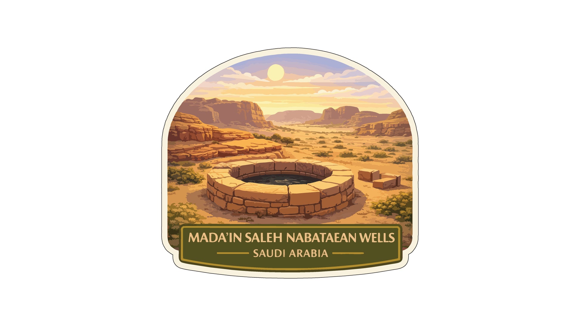 a desert landscape with a circular well in the center, surrounded by sand dunes and shrubs. The sky above is filled with clouds, suggesting a warm, sunny day. The overall scene conveys a sense of tranquility and natural beauty.