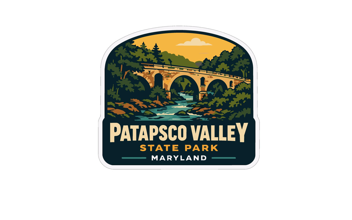 A sticker or emblem featuring a bridge over a river, surrounded by trees and a scenic landscape, with the text "Patapsco Valley State Park Maryland" prominently displayed.