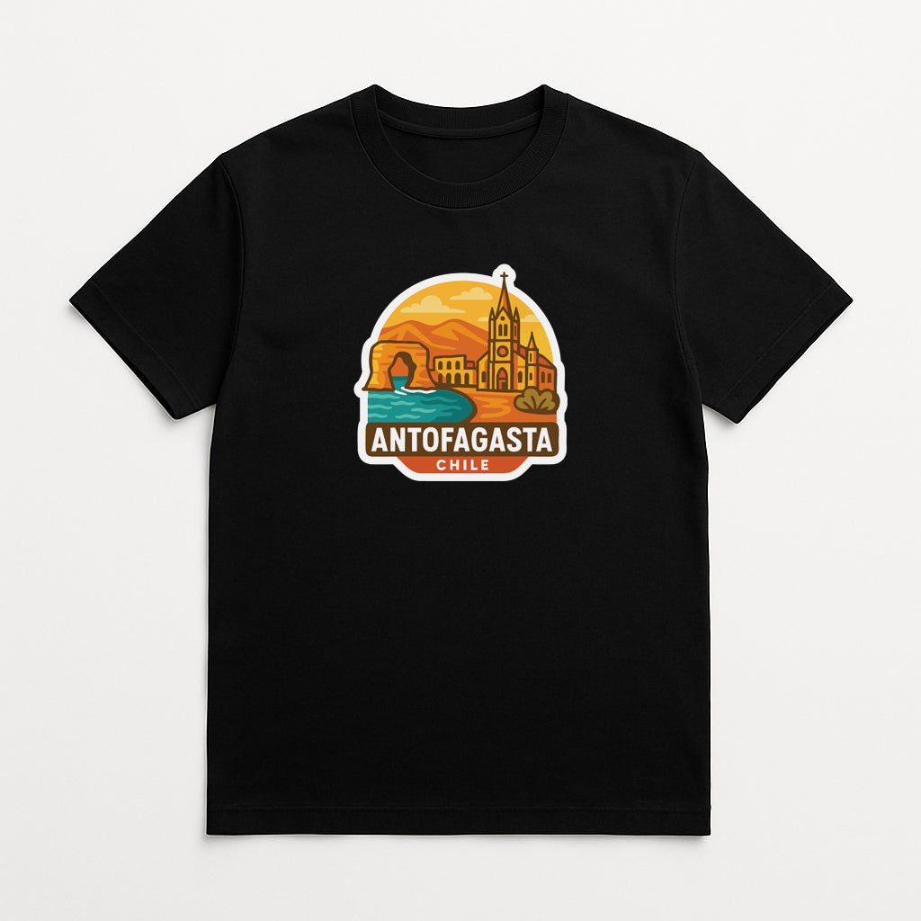 A black t-shirt with a graphic design depicting the city of Antofagasta, Chile.