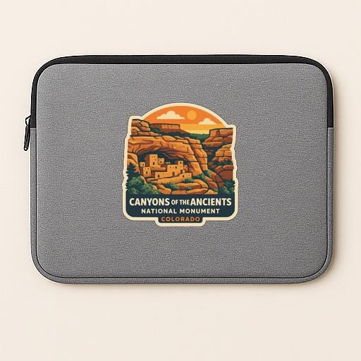 a gray laptop sleeve with a sticker depicting the Canyons of the Ancients National Monument in Colorado.