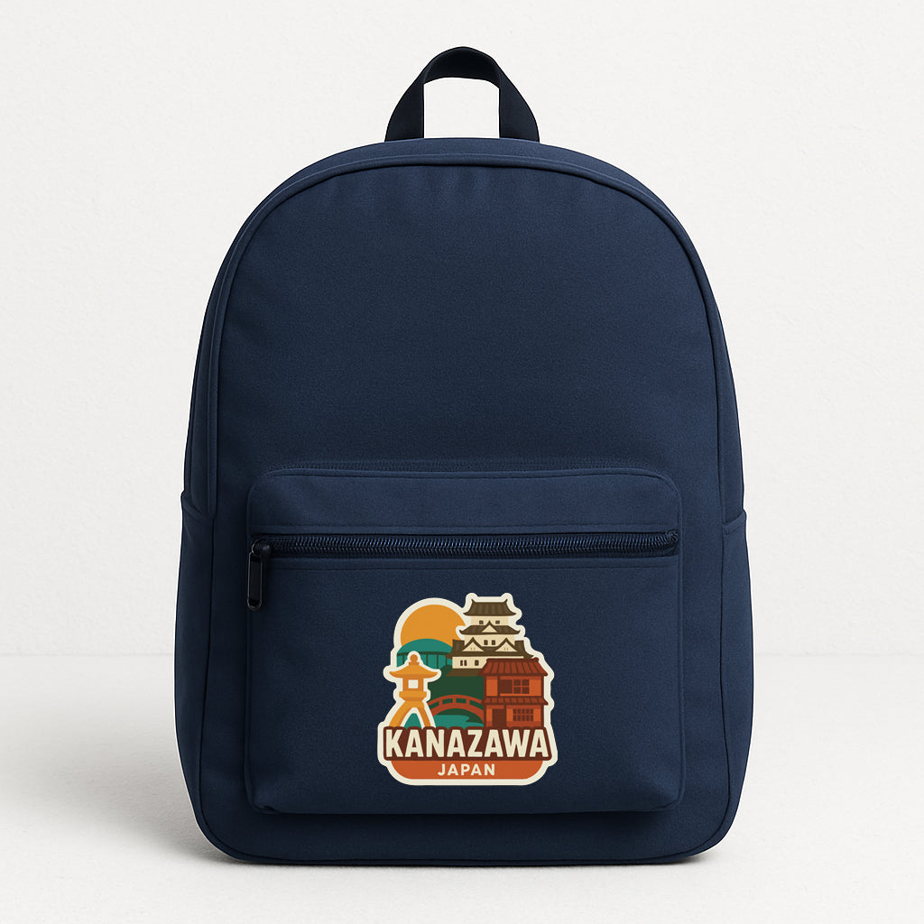 A navy blue backpack with a sticker on the front that says "KANAZAWA JAPAN".